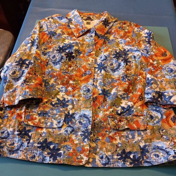 CJ Banks Women's 2X Floral Button Down Cotton Blend Front Pockets Jacket - Picture 1 of 6